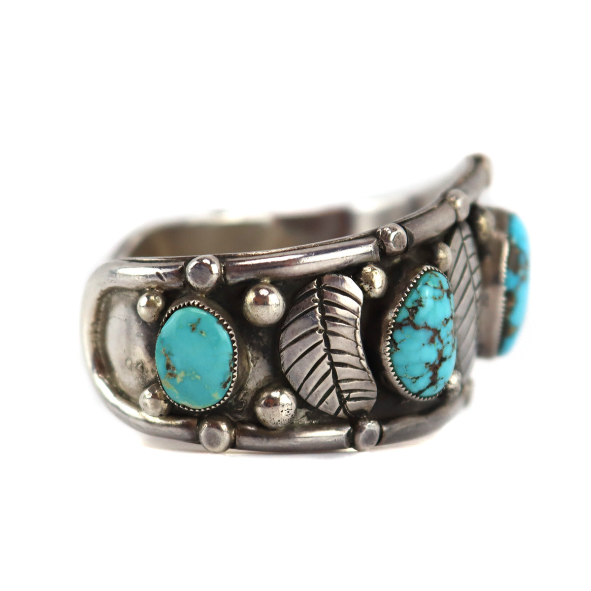 Navajo - Natural Turquoise Stones and Silver Bracelet with Feather Design c. 1960s, size 6 (J16023)