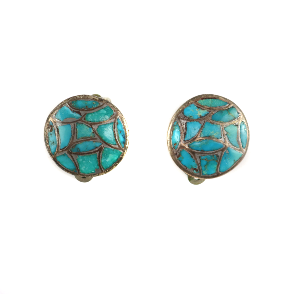 Zuni - Turquoise Channel Inlay and Silver Clip-on Earrings c. 1950s, 0.75" diameter (J91024-1023-001)