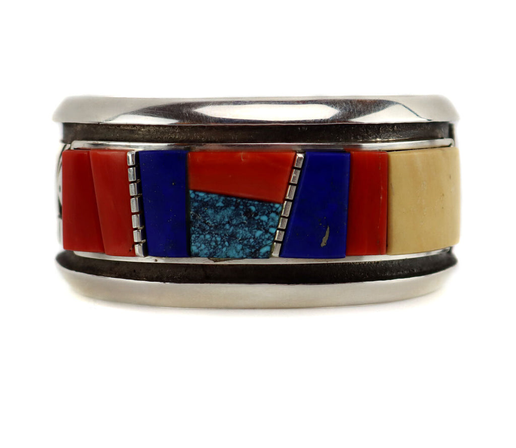 Roy Talahaftewa - Hopi - Contemporary Multi-Stone Inlay and Sterling Silver Overlay Bracelet with Cloud Design, Size 6.5 (J16013)