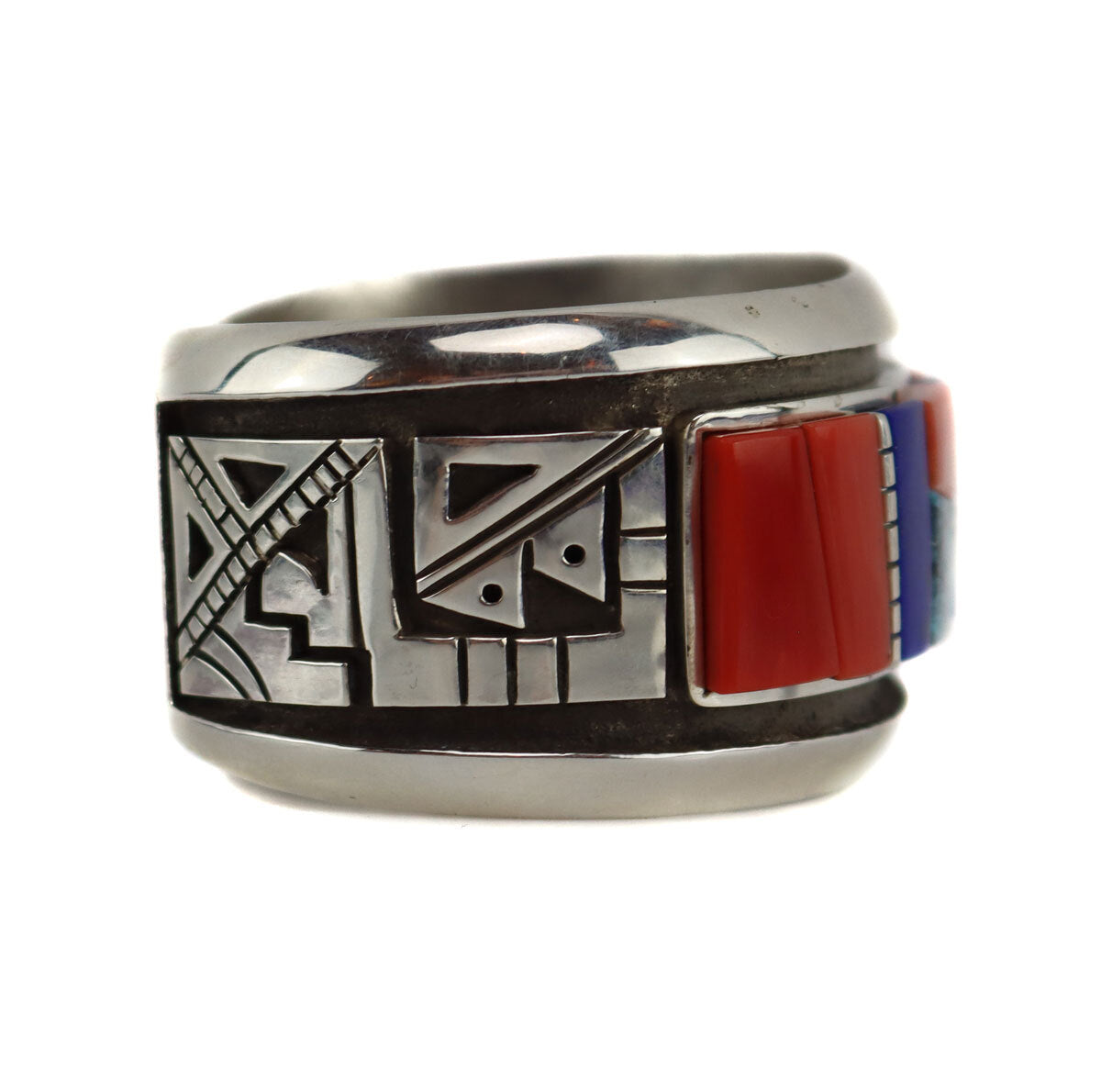 Roy Talahaftewa - Hopi - Contemporary Multi-Stone Inlay and Sterling Silver Overlay Bracelet with Cloud Design, Size 6.5 (J16013)