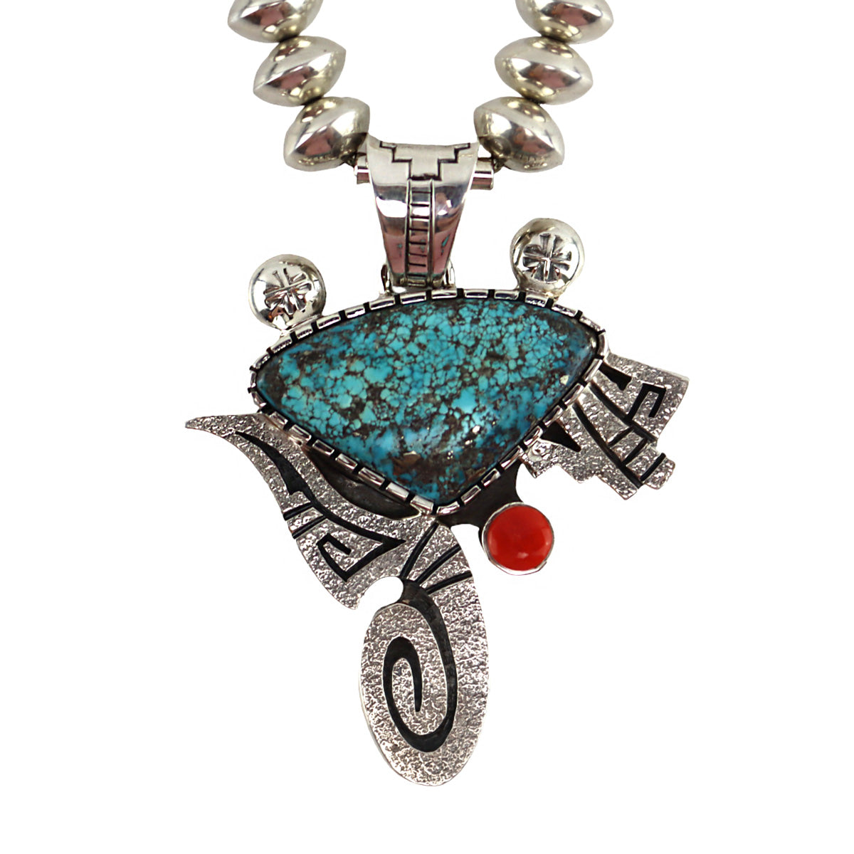 Roy Talahaftewa - Hopi - Contemporary Number 8 Turquoise, Coral, and Sterling Silver Beaded Necklace with Overlay Design, 22" Length (J16012)