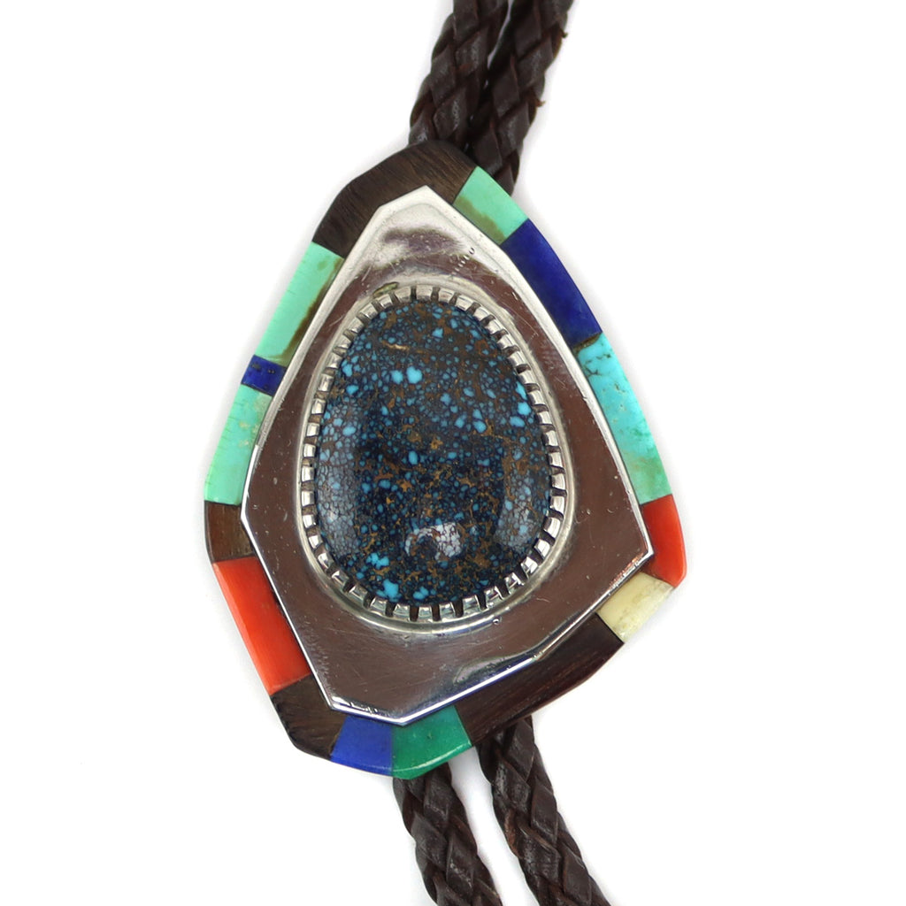 Charles Loloma (1921-1991) - Hopi - Lander Turquoise with Multi-Stone Inlay, Silver, and Leather Bolo Tie c. 1970s, 2.25" x 1.75" bolo (J90885B-0923-002)