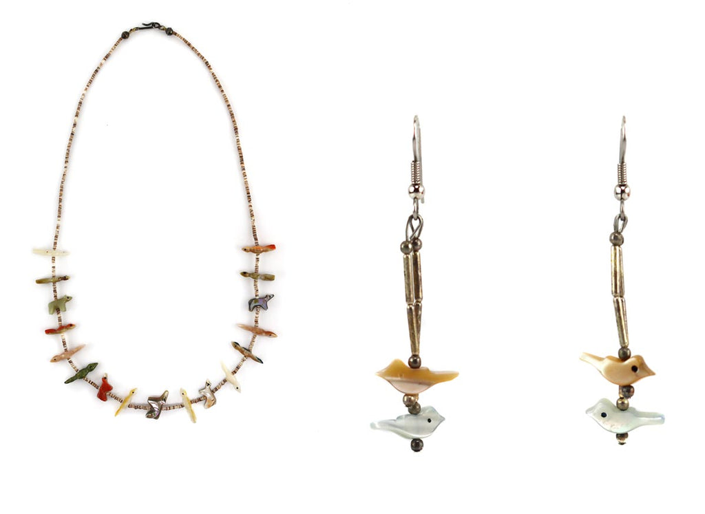 Zuni - Multi-Stone and Heishi Bird Fetish Necklace and French-hook Earrings Set c. 1960-70s (J16028-009)