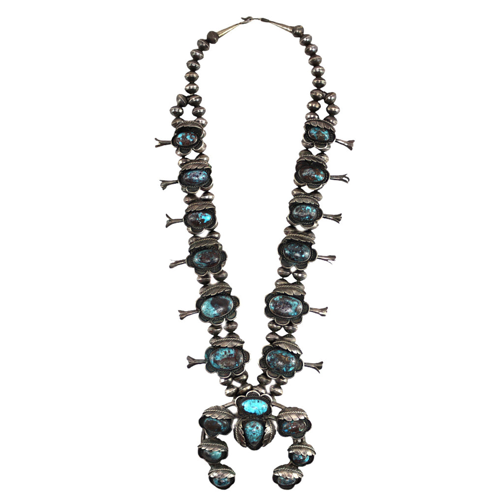 Navajo - Persian Turquoise and Silver Beaded Squash Blossom Necklace c. 1950-60s, 30" length (J15738-038)