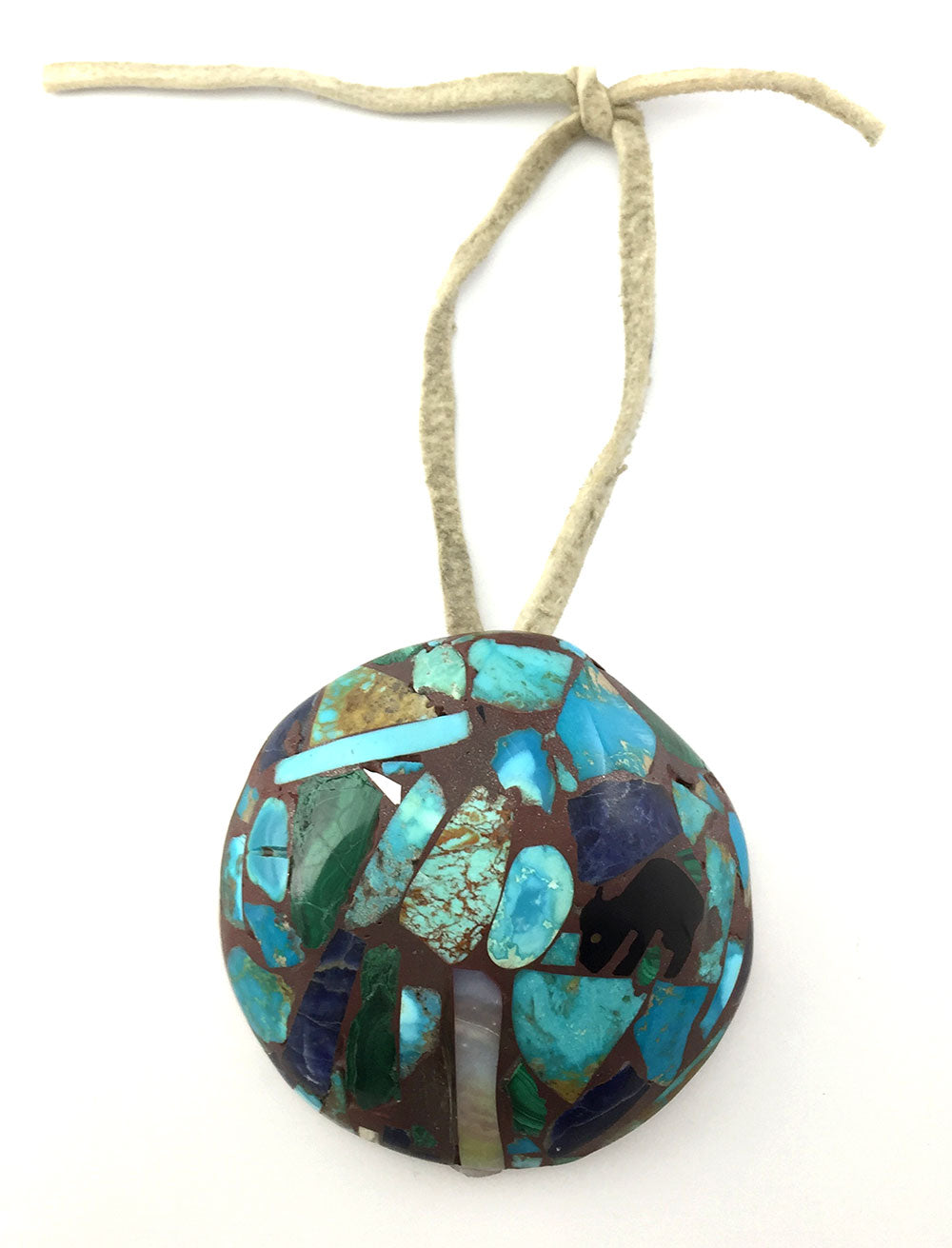 Santo Domingo (Kewa) Turquoise, Malachite, Mother of Pearl, and Lapis Inlay Shell Pendant with Leather Bale, c. 1960s, 3" x 3" (J6012)