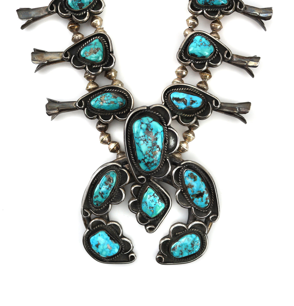 Navajo Morenci Turquoise and Silver Squash Blossom Necklace c.1950s, 23" length (J14844)