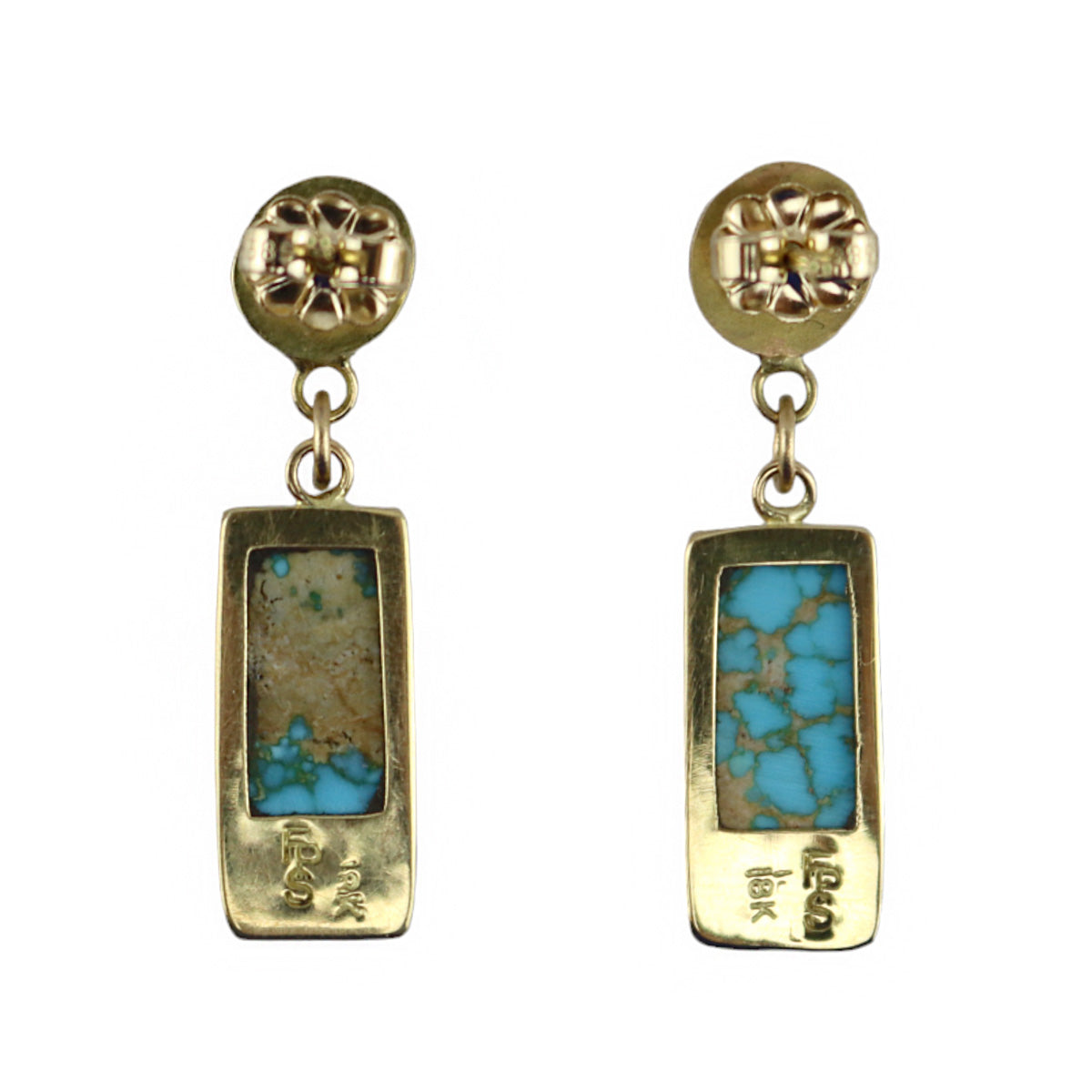 Sam Patania - Number 8 Turquoise and 18K Gold Round and Rectangle Hook Earrings, 1.25" x 0.25" (J91699-1123-005)