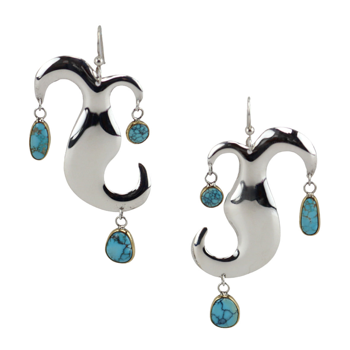 Sam Patania - "Jester Earrings" with Number 8 Turquoise, 18K Gold, and Sterling Silver, 1.75" x 1.5" (J91699-1123-009)