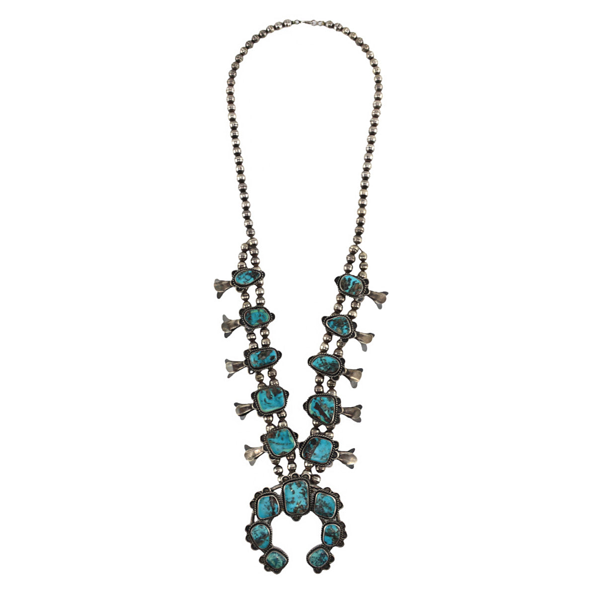 Navajo - Turquoise and Silver Squash Blossom Necklace c. 1988, 30" length (J16081)