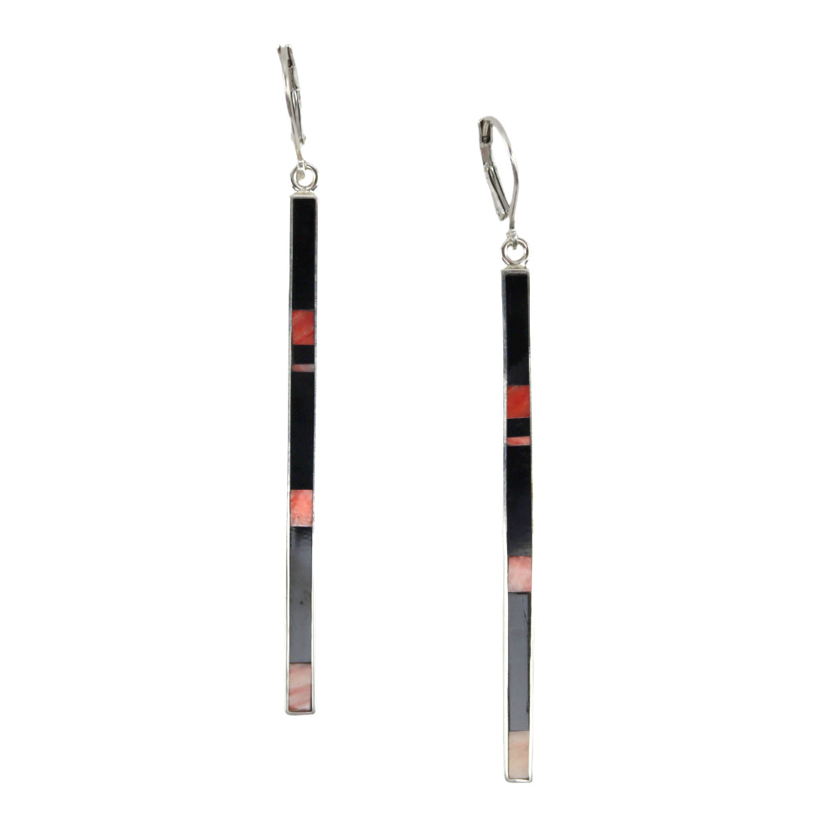 Veronica Benally - Navajo - Contemporary Jet, Coral, and Sterling Silver Hook Earrings, 2.875" x 0.125" (J16046-006)