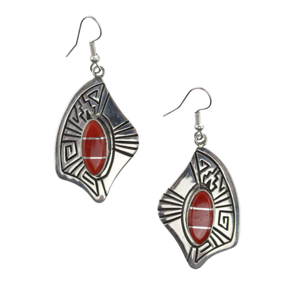 Abraham Begay - Navajo - Contemporary Coral Inlay and Sterling Silver Overlay Hook Earrings, 3.25" x 1" (J16077)