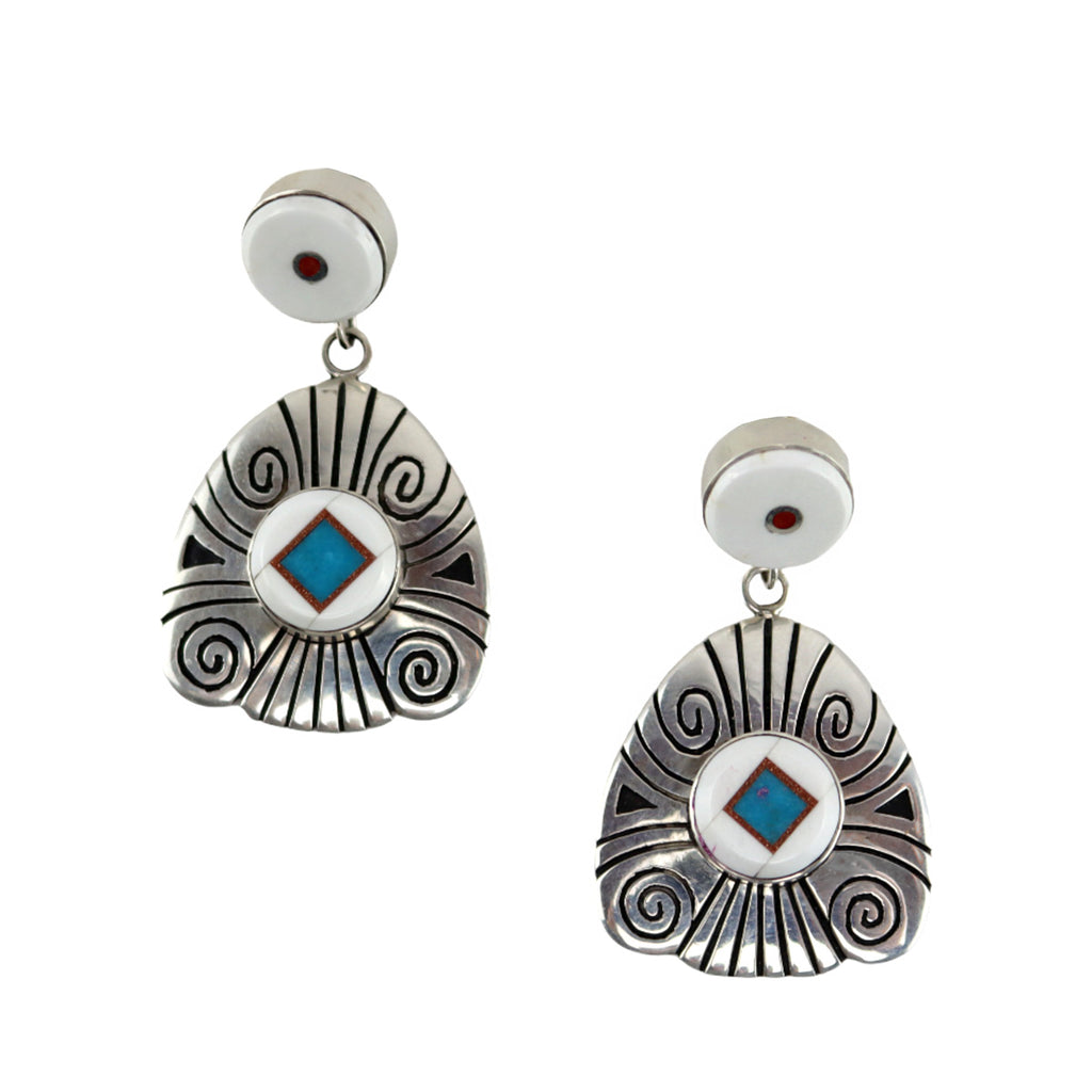 Abraham Begay - Navajo - Contemporary Multi-Stone Inlay and Sterling Silver Overlay Post Earrings, 2" x 1.125" (J16076)