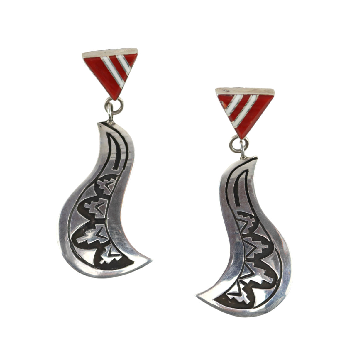 Abraham Begay - Navajo - Contemporary Coral and Shell Inlay and Sterling Silver Overlay Post Earrings, 2.25" x 1" (J16078)