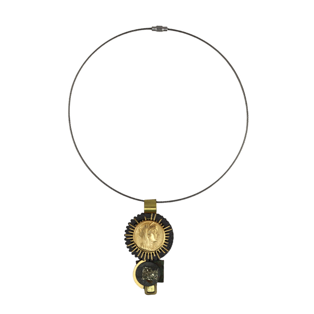 Shirley Wagner - "Gold Muse" 24K Gold Egyptian Replica Coin, Pyrite Druzy, Found Minerals, on Brass Bale with 18" Stainless Steel Cable Cord, 3.125" x 1.625" pendant (J92312A-1223-001)