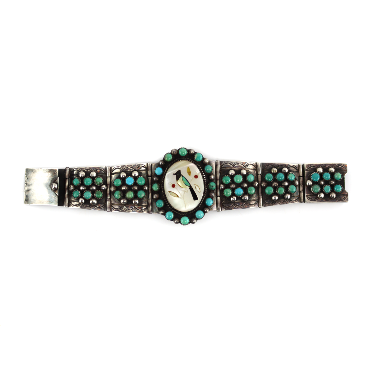 Zuni - Multi-Stone Inlay, Turquoise Cluster, and Silver Link Bracelet with Bird Design c. 1976, size 6.5 (J15963)