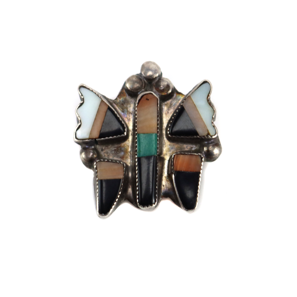 Zuni - Multi-Stone Inlay and Silver Butterfly Pin c. 1940-50s, 0.875" x 0.75" (J16119)