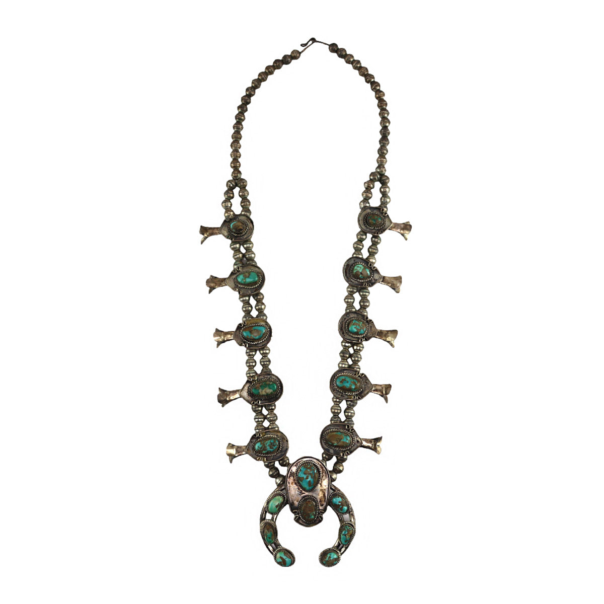 Navajo - Turquoise and Silver Squash Blossom Necklace c. 1950s, 28" length (J16130-004)
