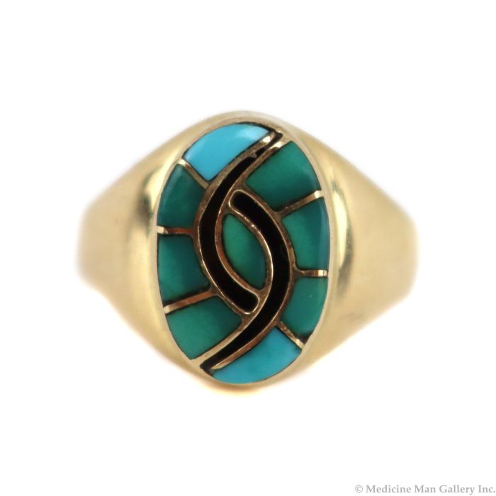 Amy Quandelacy (b. 1953) - Zuni - Turquoise Channel Inlay, 14K Gold, and Silver Ring with Hummingbird Design c. 1980s, size 6 (J15732)