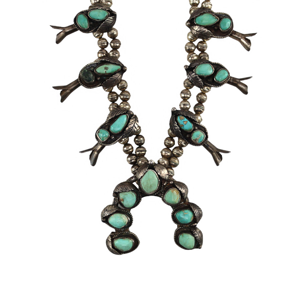 Navajo - Turquoise and Silver Squash Blossom Necklace with Feather Designs c. 1950-60s, 27" length (J16130-003)