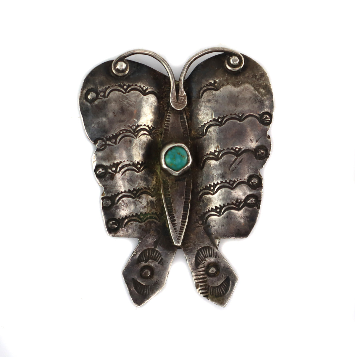 Navajo - Turquoise and Silver Butterfly Pin with Stamped Design c. 1930s, 1.75" x 1.25"