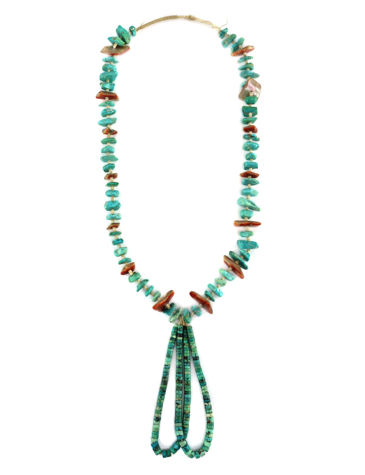 Navajo - Turquoise Nugget, Spiny Oyster, and Clamshell Heishi Necklace with Pair of Jocla Pendants c. 1940-50s, 26" length