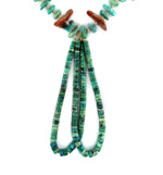 Navajo - Turquoise Nugget, Spiny Oyster, and Clamshell Heishi Necklace with Pair of Jocla Pendants c. 1940-50s, 26" length