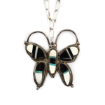 Zuni - Multi-Stone Inlay and Silver Butterfly Pendant with Handmade Chain c. 1940s, 30" length (J16056)