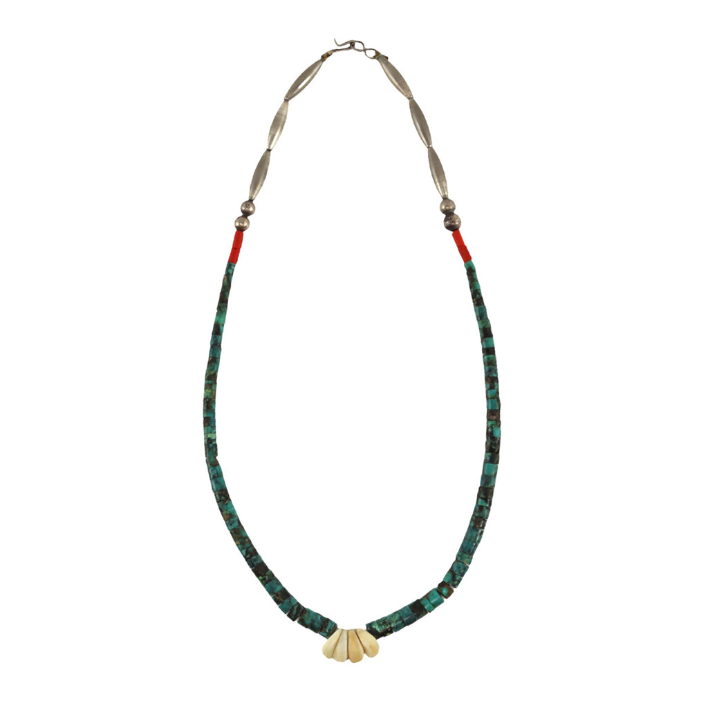Navajo - Turquoise, Coral, Shell and Silver Beaded Necklace c. 1960s, 18" length (J16064-037)