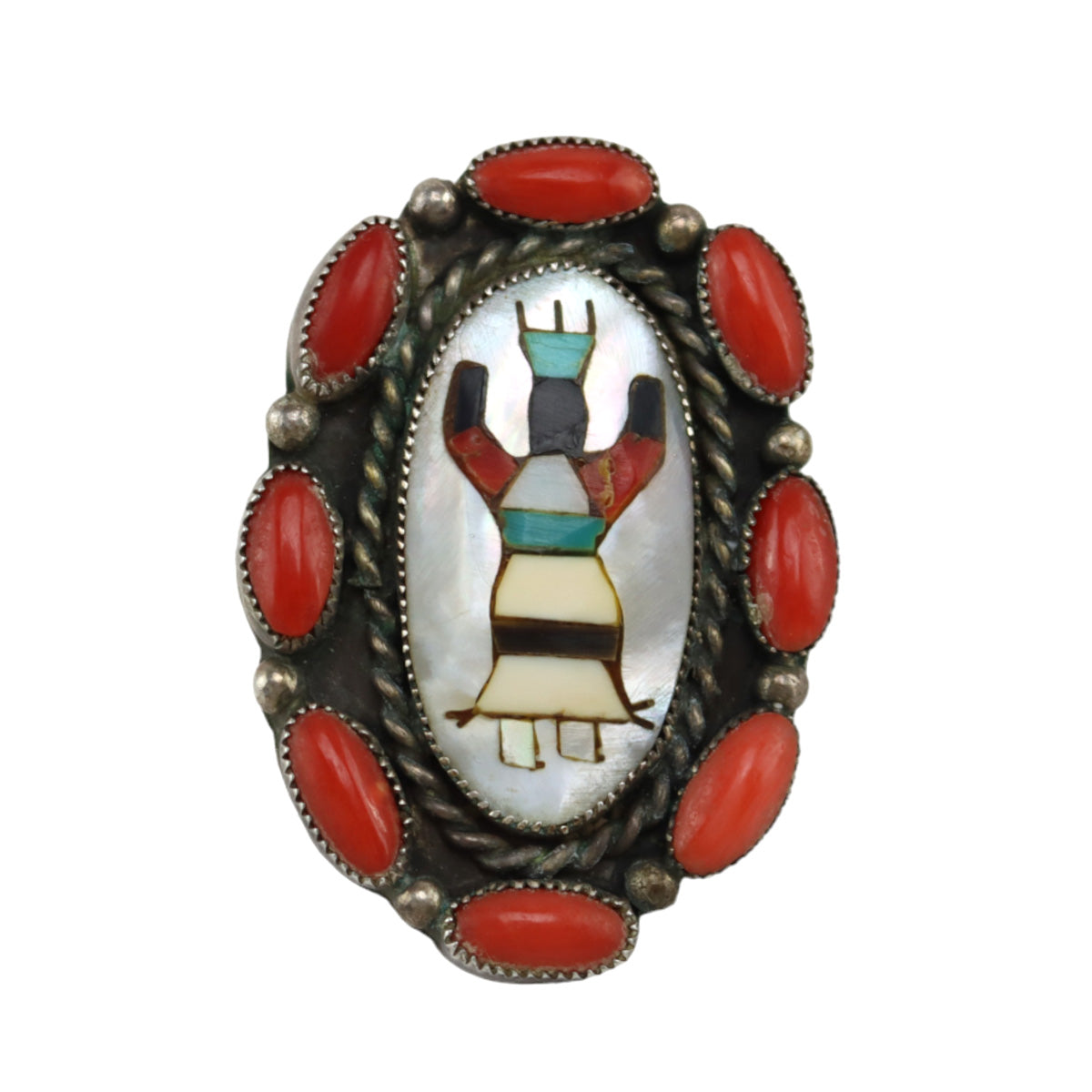 Navajo - Silver and Multi-Stone Inlay Ghan Dancer Ring, c. 1970s, size 8