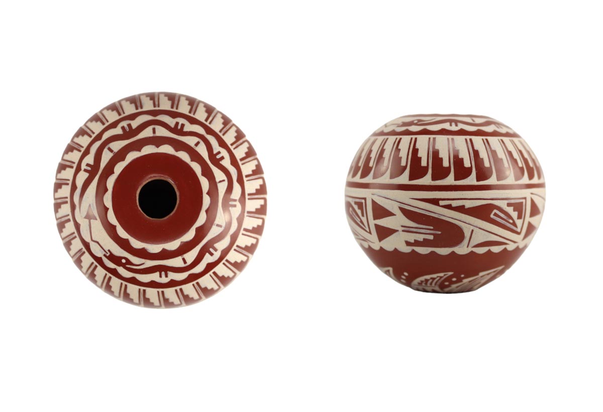 Ursula Curran (b. 1979) - Santa Clara/San Juan Miniature Red Ware Jar with Feathers and Avanyu Design c. 1990-2000s, 2" x 2" (P3805-006)