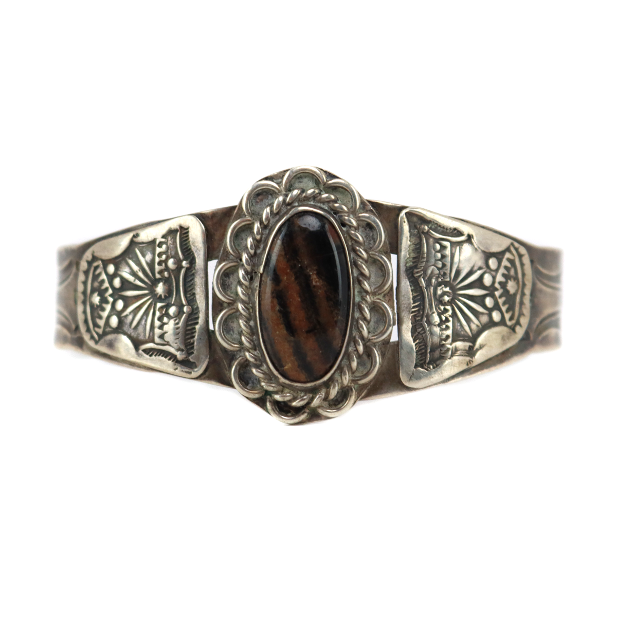 Navajo - Petrified Wood and Silver Bracelet with Stamped Design c. 1930-40s, size 7 (J16061)