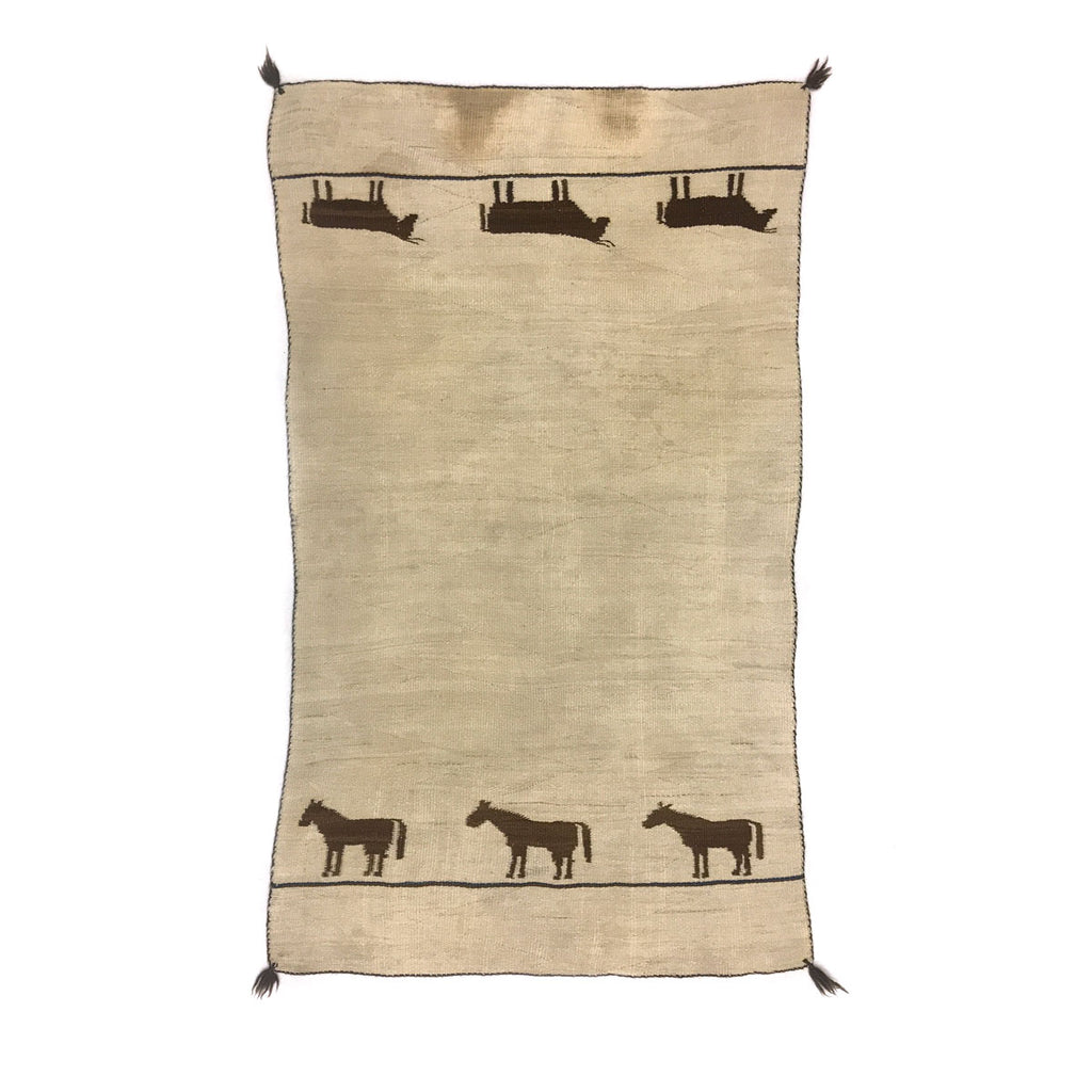 Navajo Child's Blanket / Saddle Blanket with Horse and Cattle Pictorials, Made from Indigo Dyes and Churro Wool c. 1880-1890s, 57" x 32"