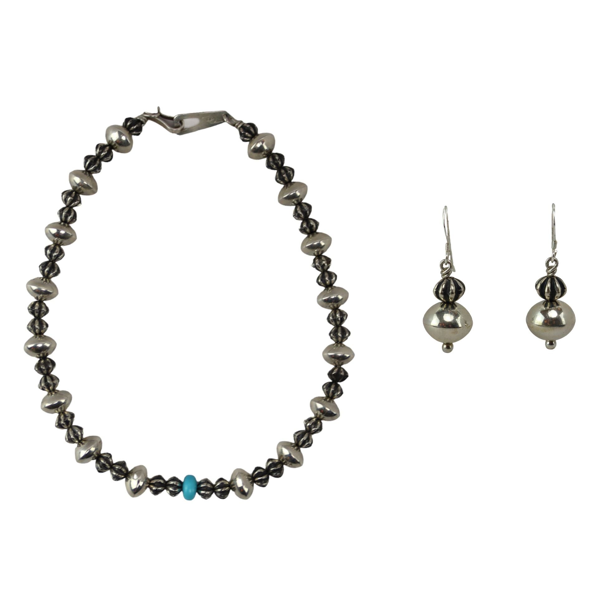 Navajo - Turquoise and Silver Beaded Necklace and Earrings Set c. 2000s (J16064-046)