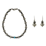 Navajo - Turquoise and Silver Beaded Necklace and Earrings Set c. 2000s (J16064-046)