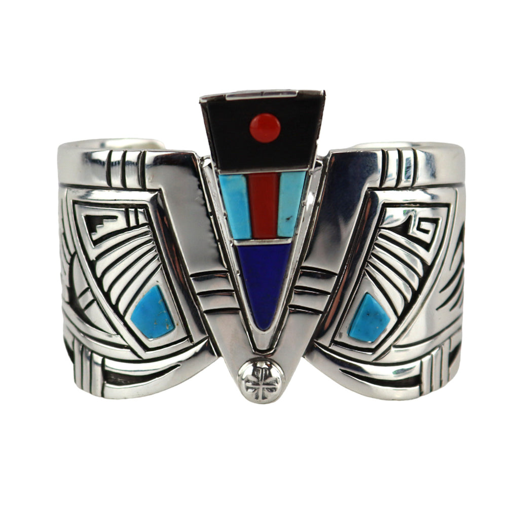 Roy Talahaftewa - Hopi - Contemporary Multi-Stone Inlay and Sterling Silver Overlay Bracelet with Bear Claw Design, size 7 (J16132)