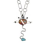 Rodney Coriz - Santo Domingo (Kewa) - Contemporary Female Orange Spiny Oyster with Multi-Stone Inlay and Sterling Silver Pendant with Handmade Chain, 27" length (J16134)