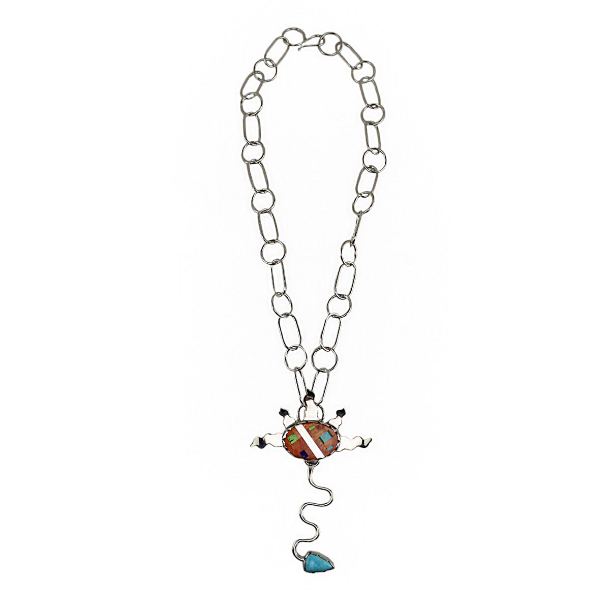 Rodney Coriz - Santo Domingo (Kewa) - Contemporary Female Orange Spiny Oyster with Multi-Stone Inlay and Sterling Silver Pendant with Handmade Chain, 27" length (J16134)