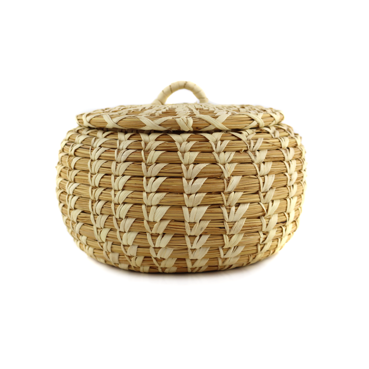Tohono O'odham Lidded Gap Stitch Basket c. 1960s, 4.5" x 6.5"