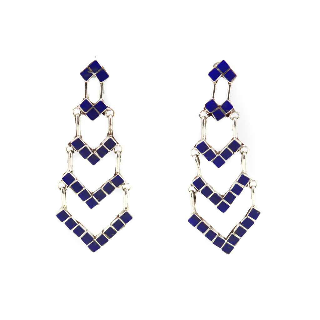 Diana Cachini - Zuni - Contemporary Lapis Lazuli Channel Inlay and Sterling Silver Post Earrings, 2.25" x 0.875" (J16090)