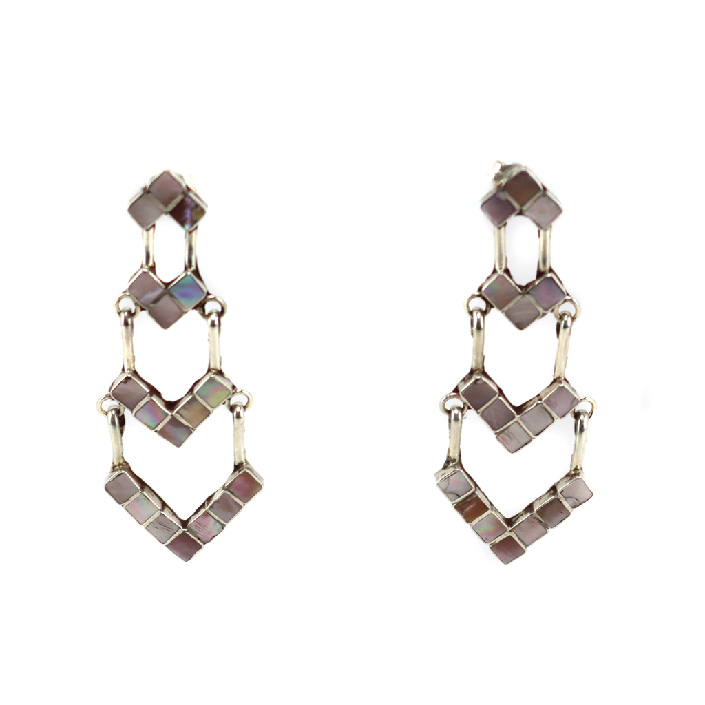 Diana Cachini - Zuni - Contemporary Mother of Pearl Inlay and Sterling Silver Post Earrings, 1.875" x 0.75" (J16093)