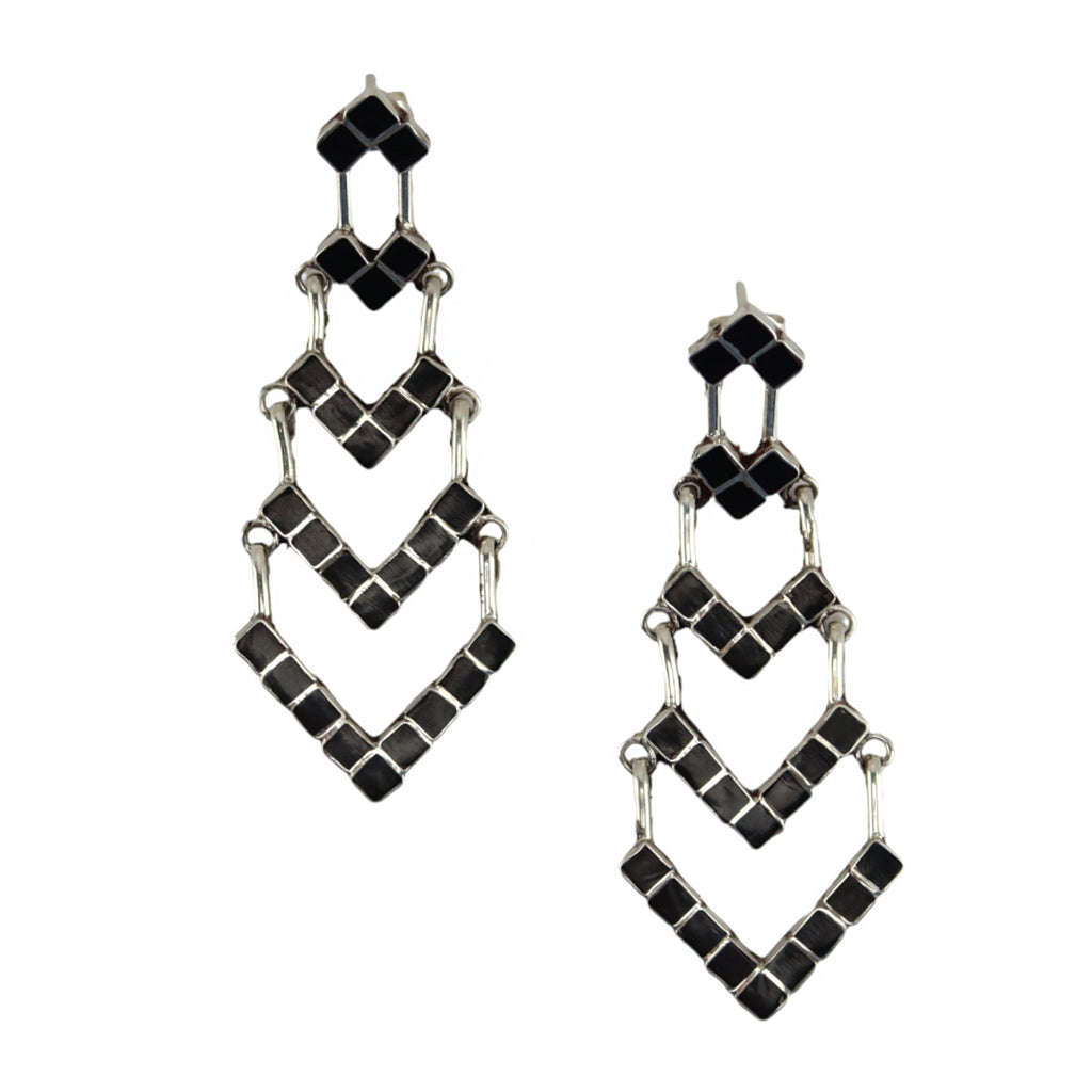 Diana Cachini - Zuni Contemporary Jet and Sterling Silver Channel Inlay Post Earrings, 2.25" x 0.875" (J16125)