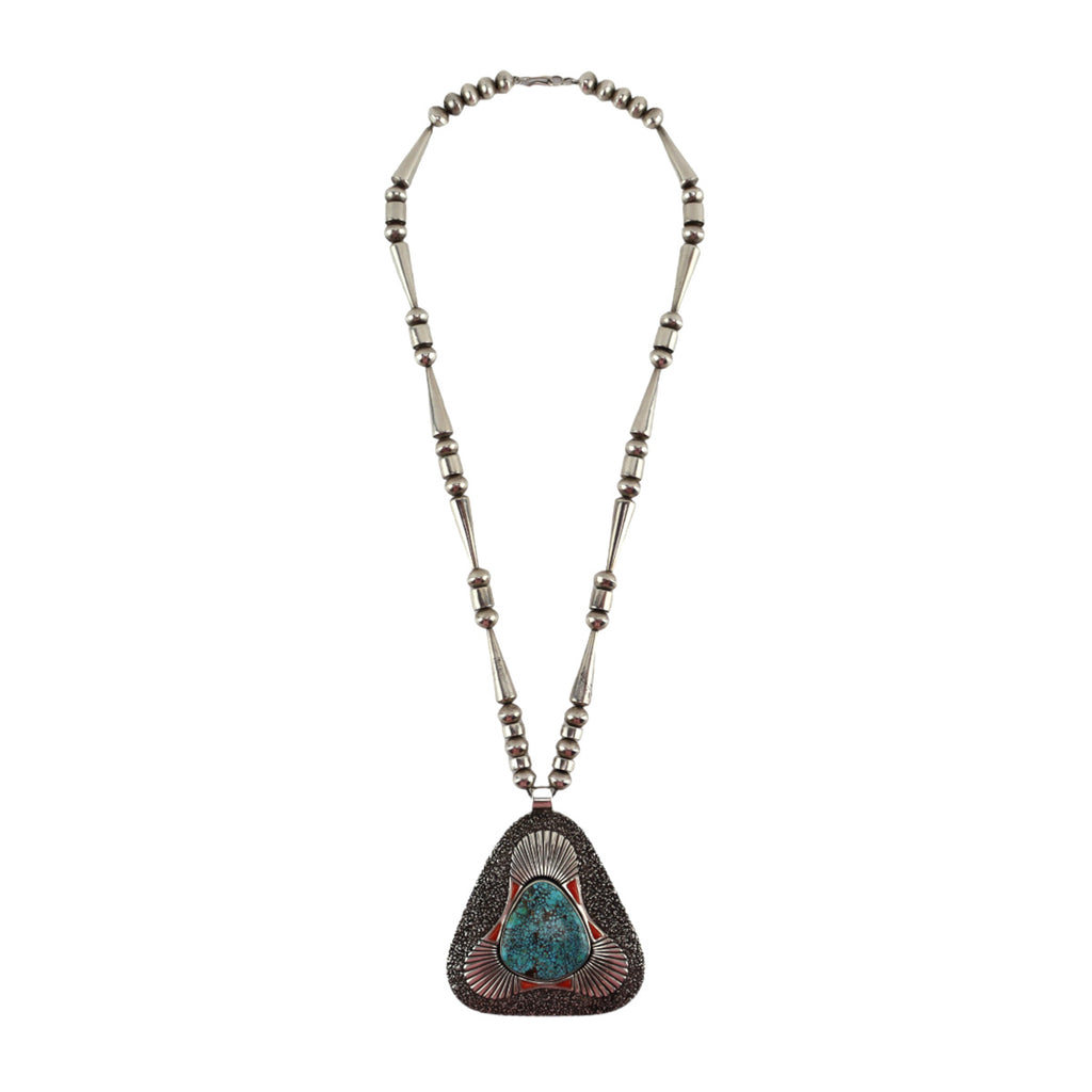 Lee Yazzie (b. 1946) - Navajo #8 Turquoise, Coral, and Silver Beaded Pendant Necklace c. 1990-2000s, 24" length