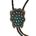 Navajo - Turquoise Cluster, Silver, and Leather Bolo Tie with Buffalo Head Design c. 1940s, 2.5" x 2" bolo (J90105-0623-011)