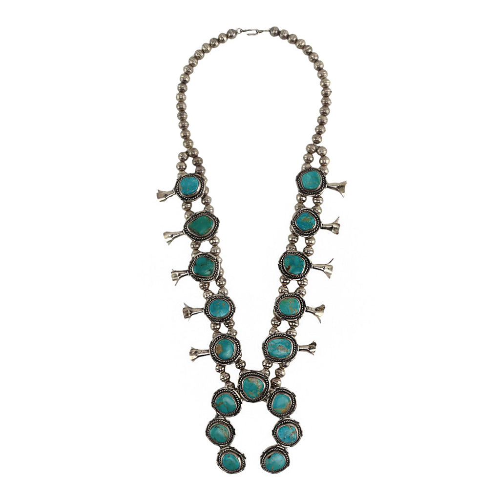 Navajo - Turquoise and Silver Squash Blossom Necklace c. 1960-70s, 24" length