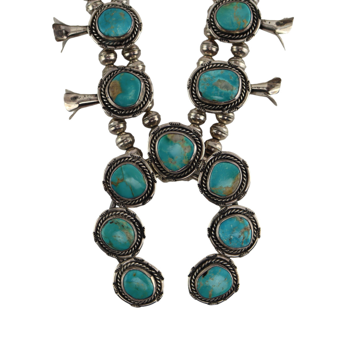 Navajo - Turquoise and Silver Squash Blossom Necklace c. 1960-70s, 24" length