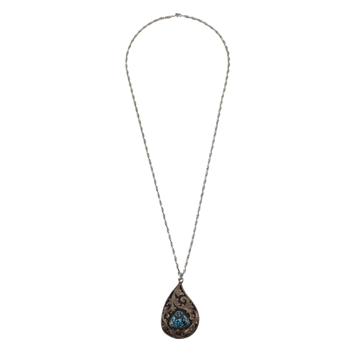 Wade's Silver Shop Reno - Lander Turquoise and Sterling Silver Overlay Pendant Necklace with Silver Chain c. 1970s, 24" length
