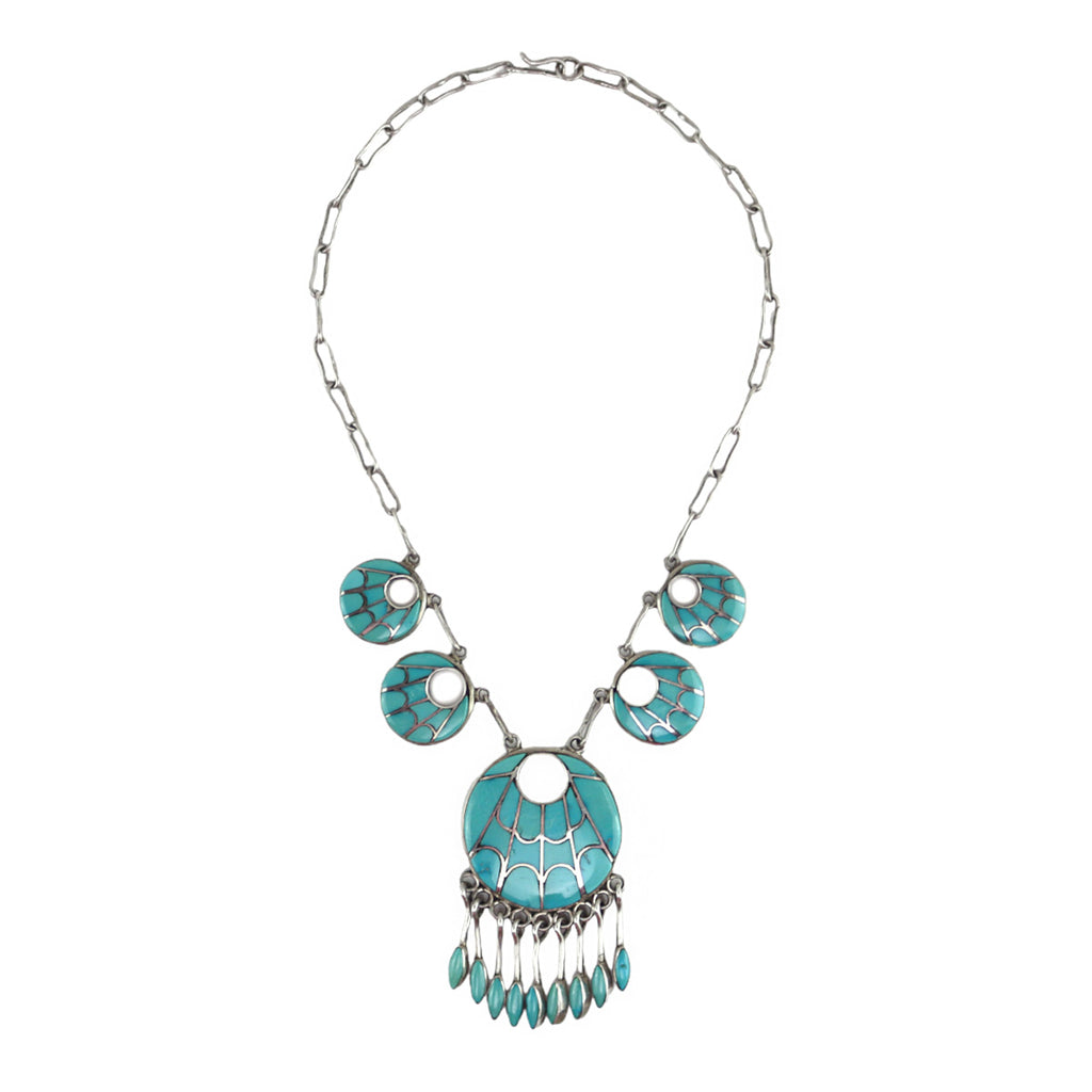 Annie Quam Gasper (1927-2002) - Zuni - Turquoise Channel Inlay and Silver Necklace c. 1960-70s, 16" length