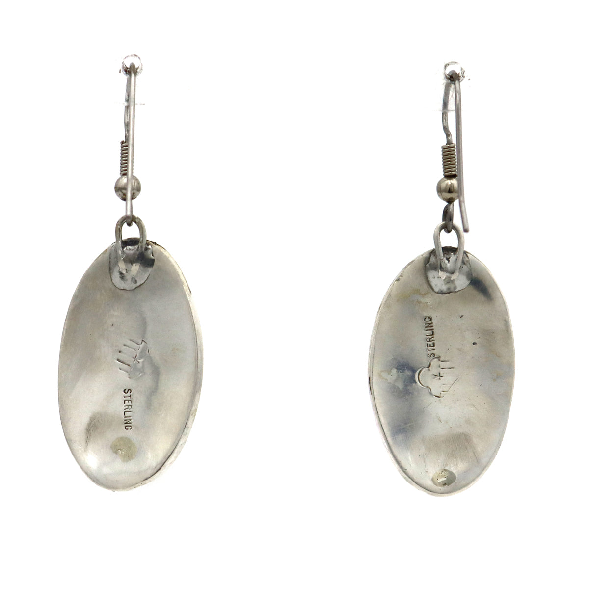 Victor Coochwytewa (1922-2011) - Hopi Sterling Silver Overlay French Hook Earrings with Kokopelli Design c. 1960s, 2" x 0.75"