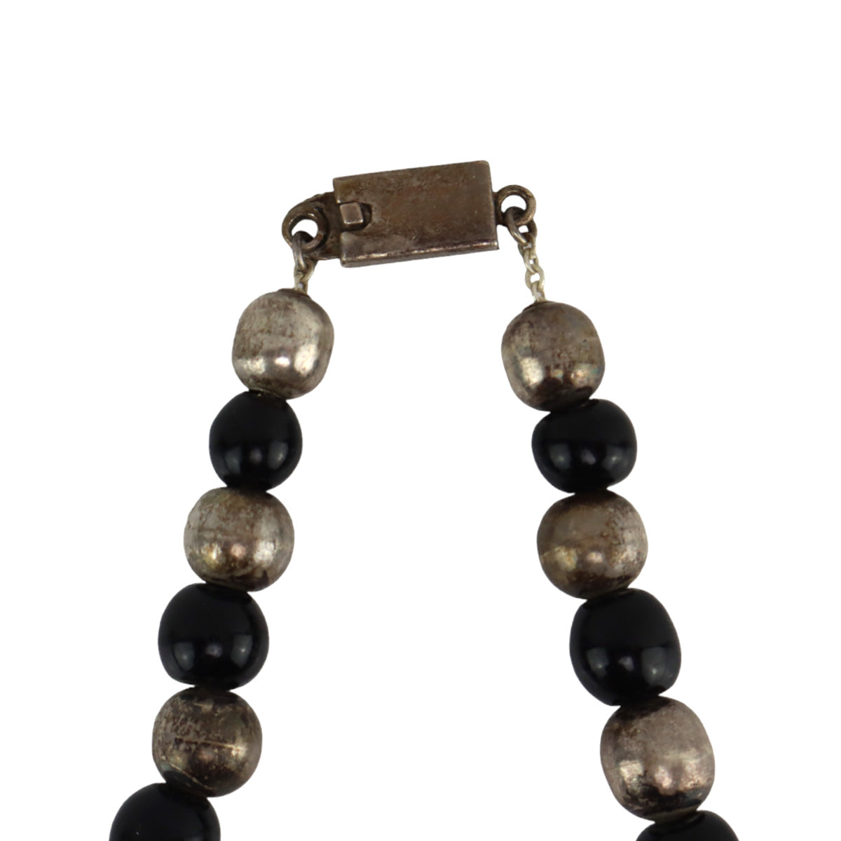 Mexican Onyx and Silver Beaded Necklace c. 1980s, 24" length
