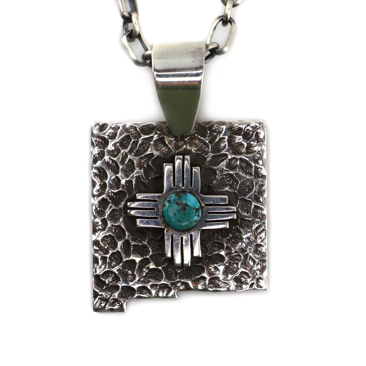 Alvin Yellowhorse (b. 1968) - Navajo Contemporary Turquoise and Dimpled Silver New Mexico Pendant with Handmade Chain, 25" length